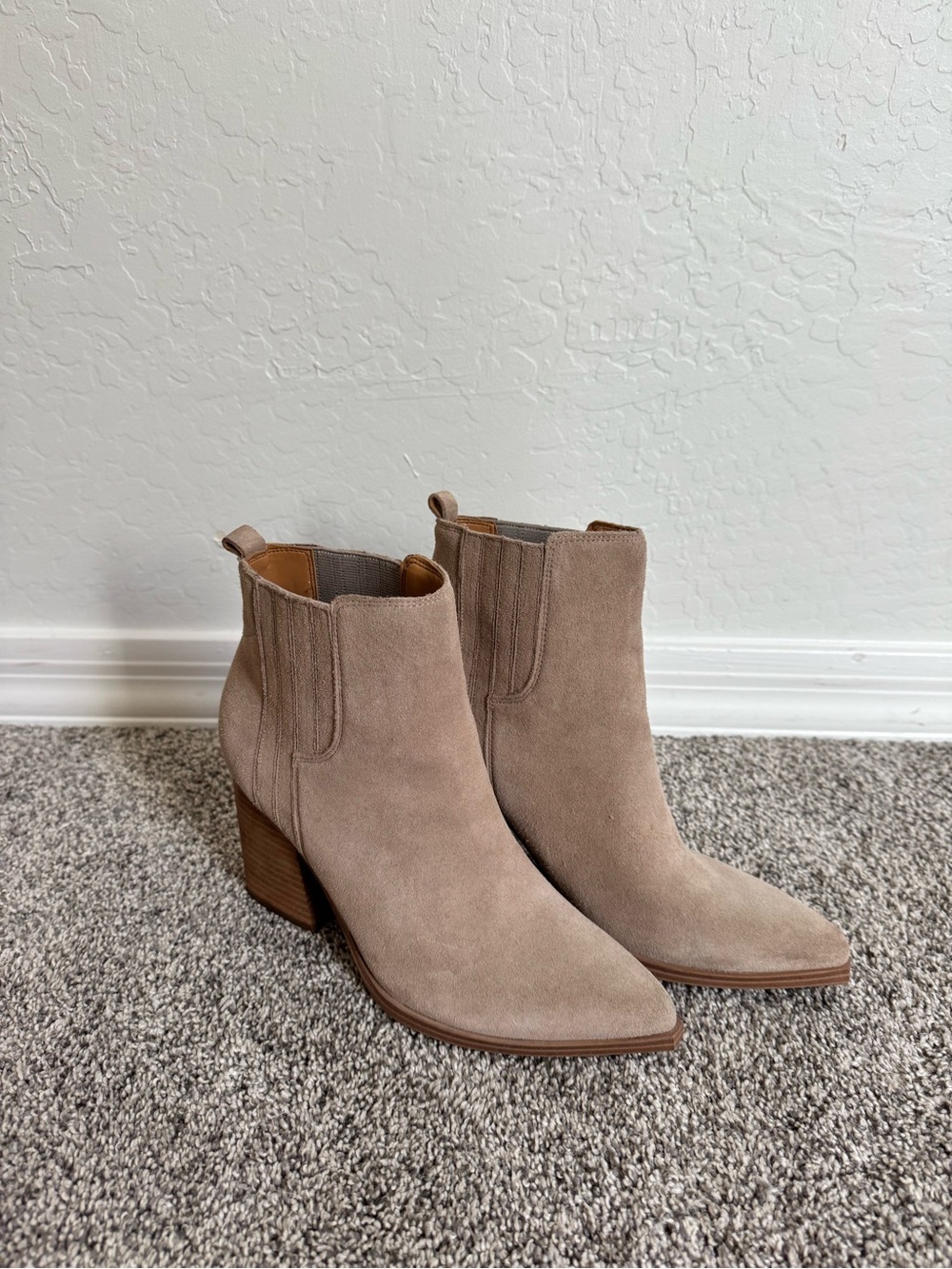 Marc Fisher Suede Pointed Ankle Booties in Taupe